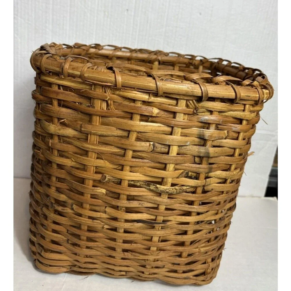 Vintage Handmade Wicker Basket Square Storage Bin Primitive Farmhouse Boho
